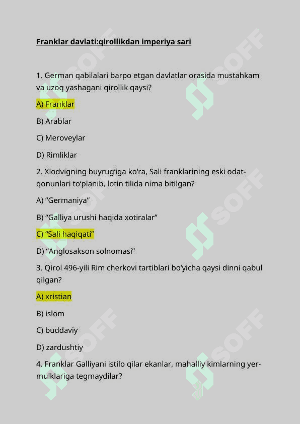 Tarix | 7-Jahon tarixi | Mavzulashtirilgan test sinovlari | Javoblari bilan 7