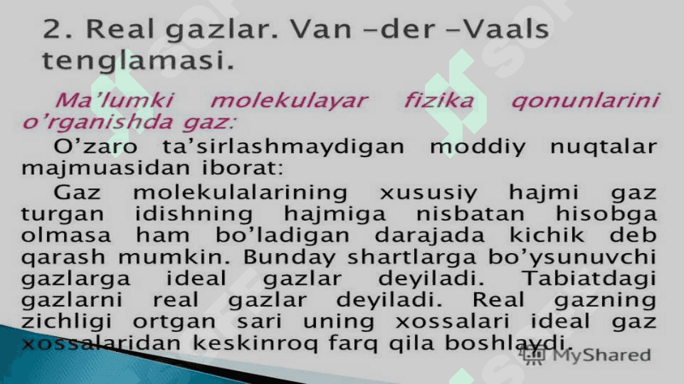 Termodinamikaning uchinchi qonuni. Van-der-Vaals tenglamasi va izotermalari 7