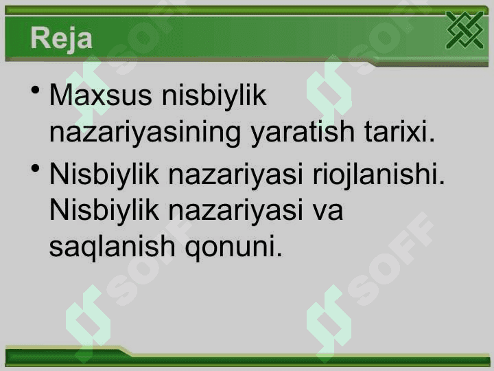 Nisbiylik nazariyasi. Olam efiri muammosi maxsus nisbiylik nazariyasi 2
