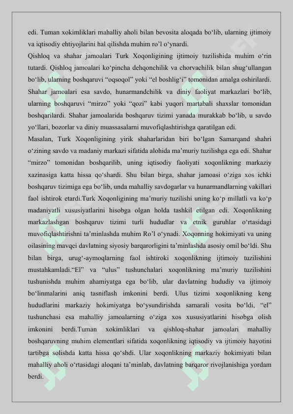 Turk xoqonligi va uning ma’muriy tuzilishi, Xoqon, el, ulus mahalliy boshqaruvi; tuman xokimliklari, qishloq va shahar jamoalari 25 5