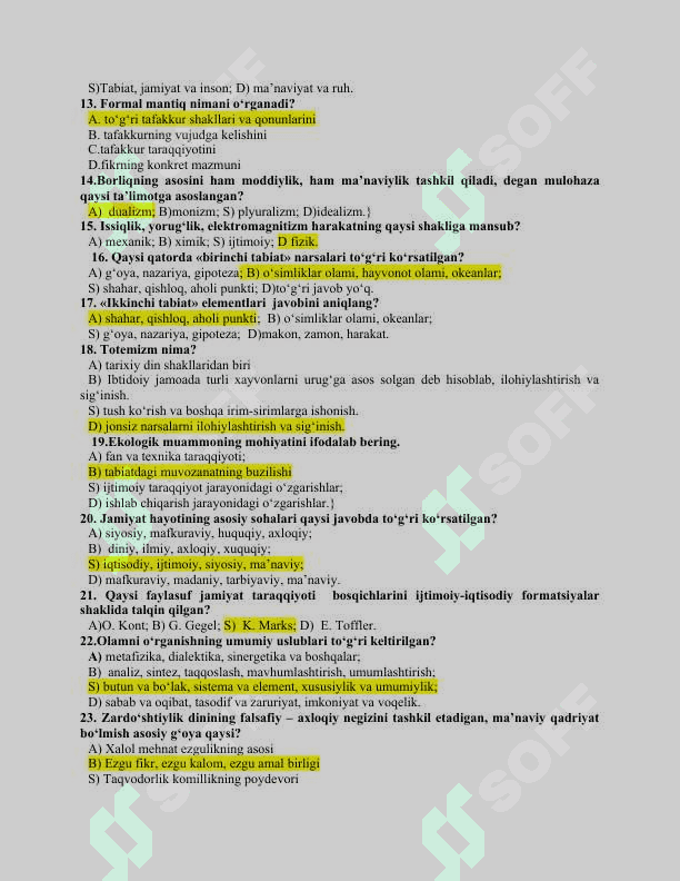 Falsafa fanidan test savollari va javoblari 2