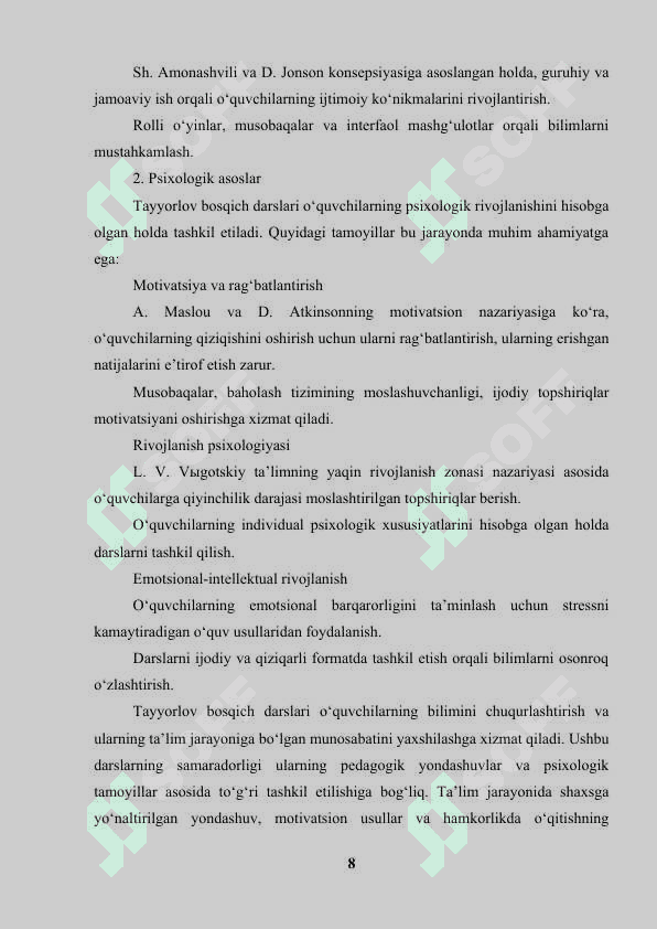 Sinfdan tashqari tayyorlov bosqich darslarini tashkil etish 8