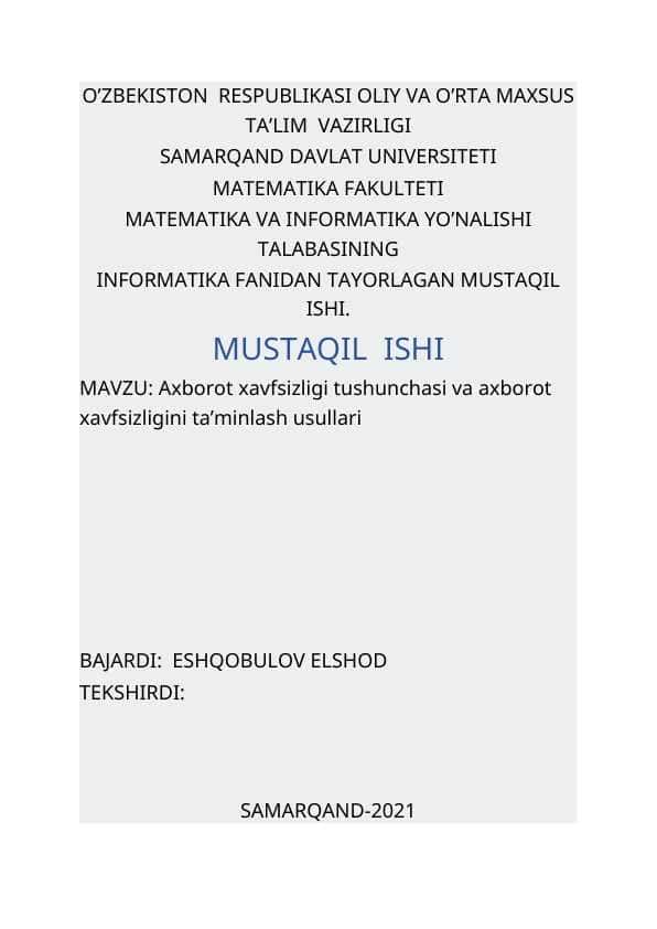 Axborot xavfsizligi tushunchasi va axborot xavfsizligini ta’minlash usullari