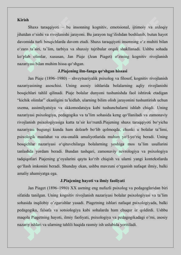 J.Piaje bo’yicha shaxs taraqqiyoti. 25 2