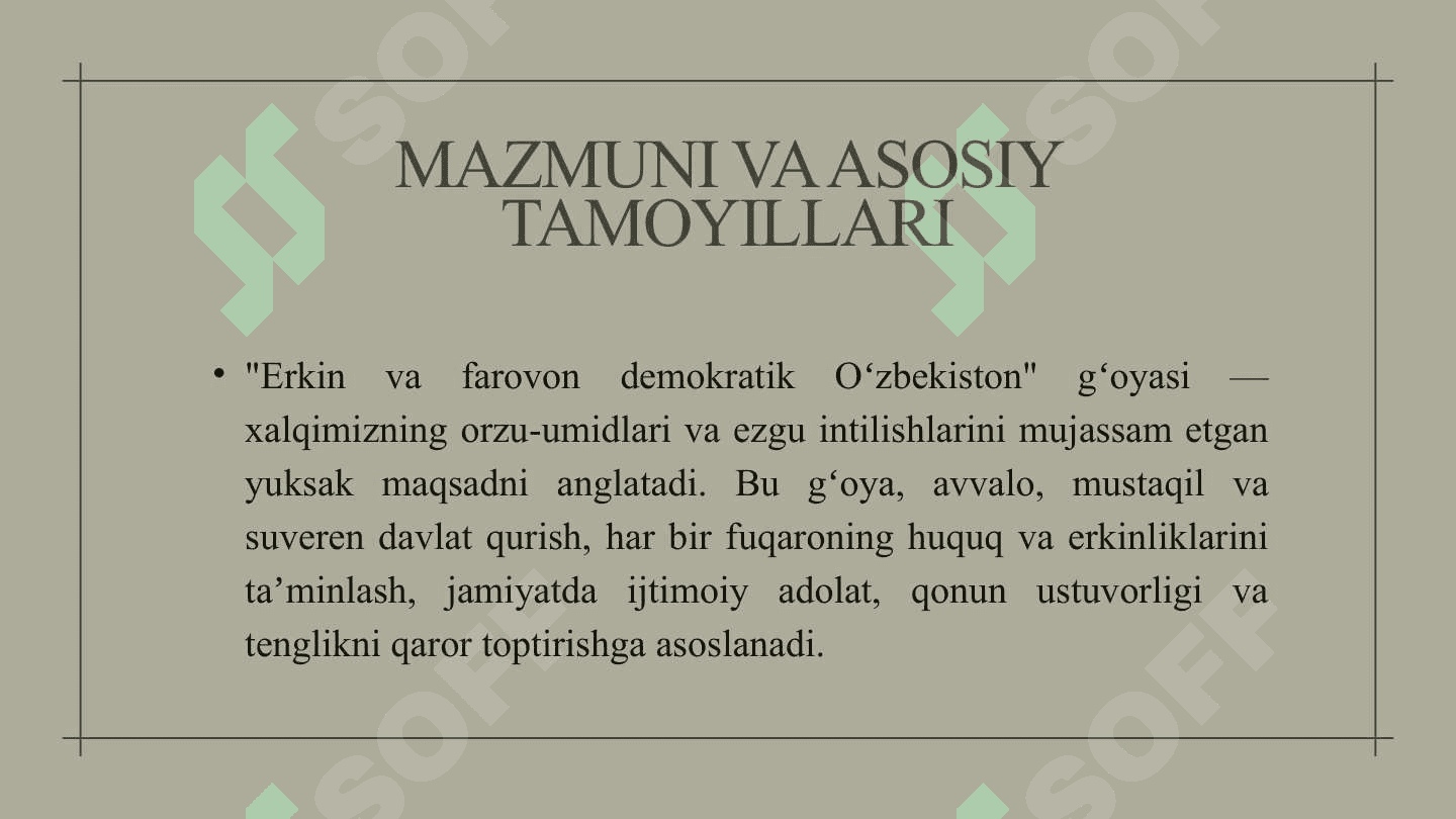 Erkin va farovon demokratik Oʻzbekiston Davlatini birgalikda barpo etamiz.. 2