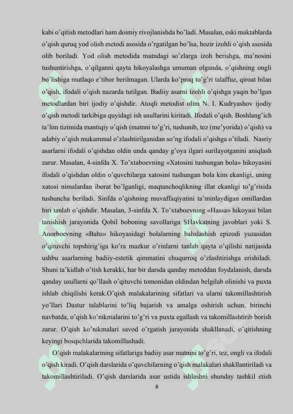 BOSHLANG`ICH TA`LIMDA O`QITISH METODLARI 8