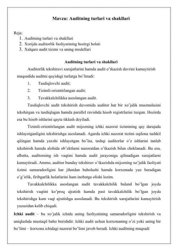 Auditning turlari va shakllari