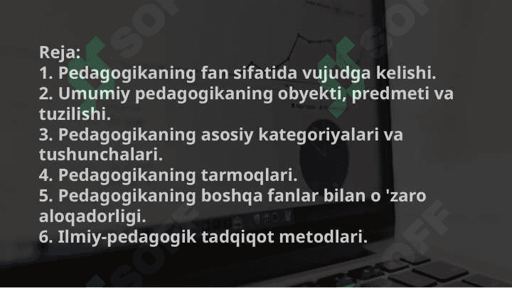 Pedagogika  Pedagogikaning fan sifatida vujudga kelishi  Pedagogikaning asosiy kategoriyalari va tushunchalari  Pedagogikaning boshqa fanlar bilan о 'zaro aloqadorligi  Ilmiy-pedagogik tadqiqot metodlari 3