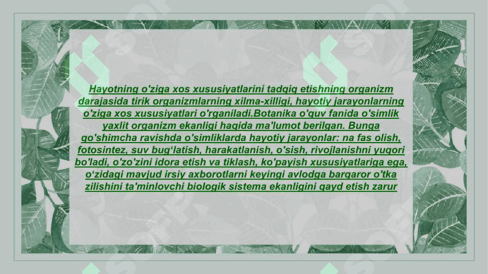 HAYOTNING ORGANIZM DARAJASI VA UNING O'ZIGA XOS JIHATLARI 2
