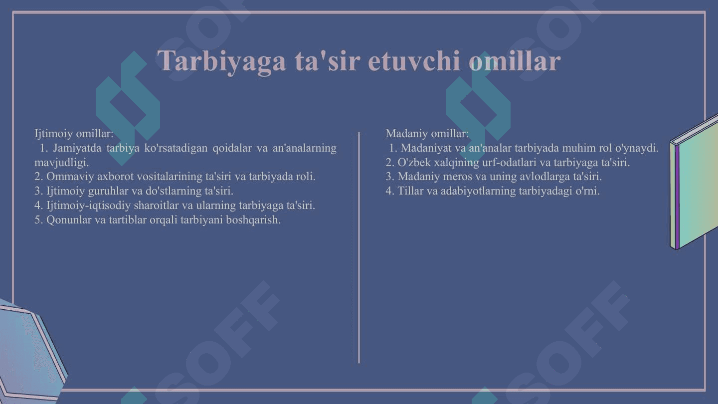 Tarbiyaga ta'sir etuvchi omillar. Tarbiya nazariyasi va tarbiya turlari 5