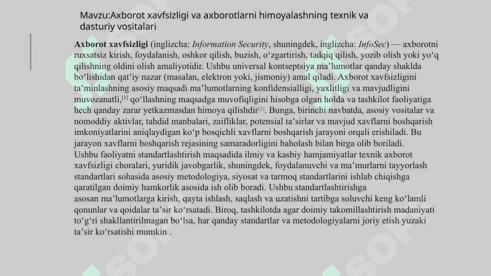 AXBOROT XAVFSIZLIGI VA AXBOROTLARNI HIMOYALASHNING TEXNIK VA DASTURIY VOSITALARI 2