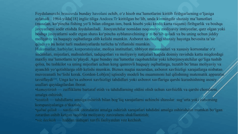 AXBOROT XAVFSIZLIGI VA AXBOROTLARNI HIMOYALASHNING TEXNIK VA DASTURIY VOSITALARI 6