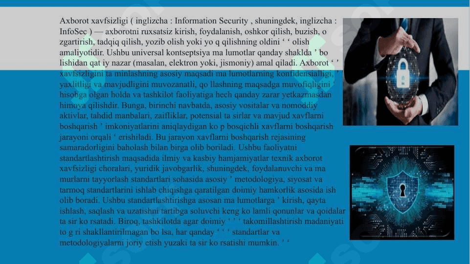 AXBOROT XAVFSIZLIGI VA AXBOROTLARNI HIMOYALASHNING TEXNIK VA DASTURIY VOSITALARI 8