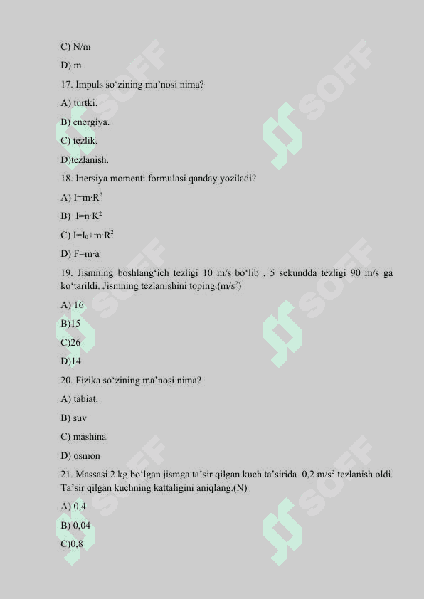 Fizikadan testlar (50 ta) 4