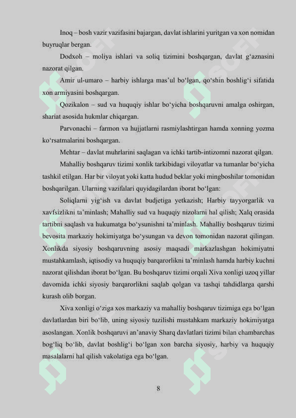 Xiva xonligida davlat boshqaruvi tizimi  va Kengash(Devon) faoliyati 8