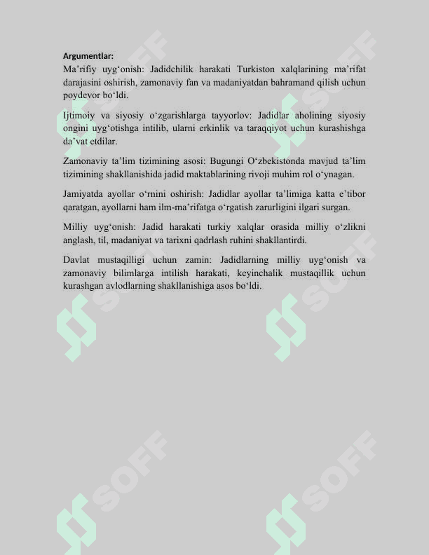 Turkiston o‘lkasida jadidchilik harakatining yuzaga kelishi . Jadidchilik maktabi.  Mavzu yuzasidan axboriy ma‘lumot tayyorlash (Fakt/Argument) 2