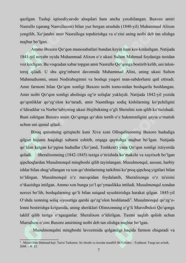 Mirza Olim Mahdum hojini "Tarixiy Turkiston" asari  kurs ishi 7