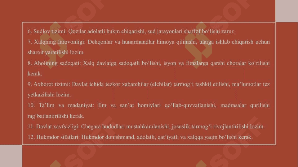 Amir Temurning el yurtni o‘z tasarrufi va itoatida tutish uchun tuzgan o‘n ikki tuzugi 25 8
