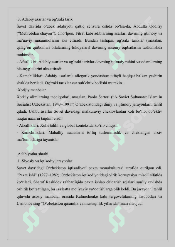 O‘zbekiston mustabid sovet davlati tarkibida mavzusiga oid manbalar tahlili va adabiyotlar sharhi 25 3
