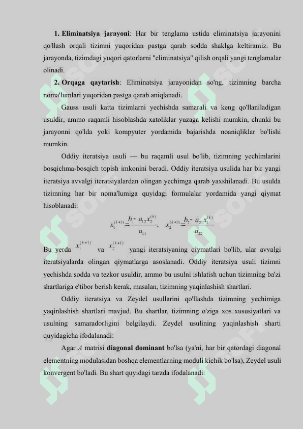 Chiziqli algebraik tenglamalar sistemasini yechishda oddiy iteratsiya va Zeydel usullari, ularning yaqinlashish shartlari 3