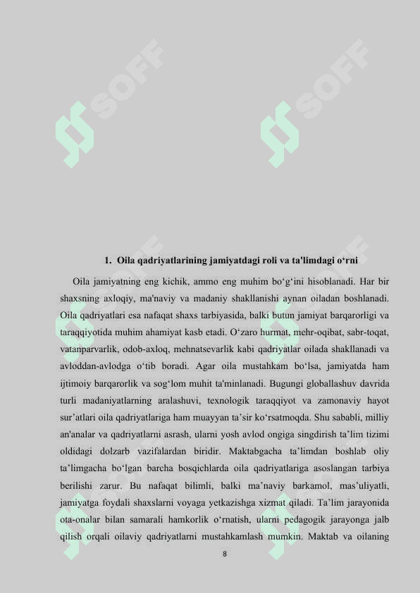 6-sinf Tarbiya fanidan "Oila qadriyatlar beshigi " mavzusida treninglar asosida oʻqitish 8