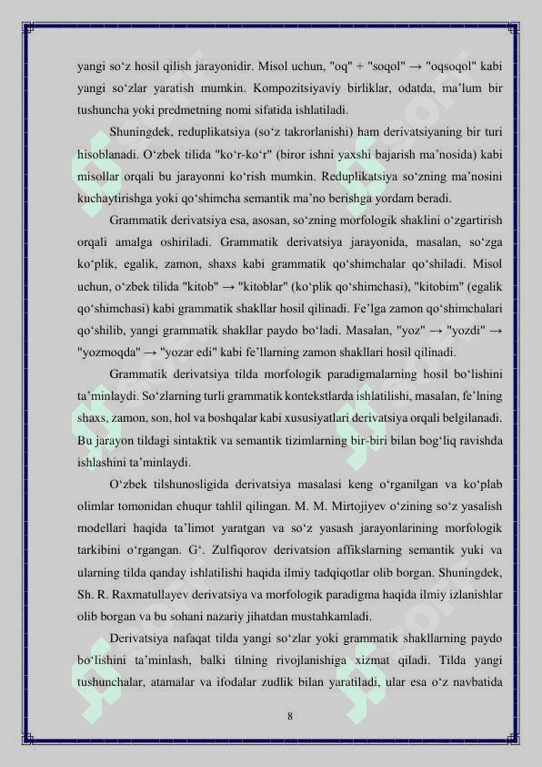 Hozirgi o‘zbek adabiy tilida derivatsiya 8