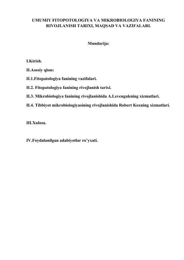 UMUMIY FITOPOTOLOGIYA VA MIKROBIOLOGIYA FANINING RIVOJLANISH TARIXI, MAQSAD VA VAZIFALARI.