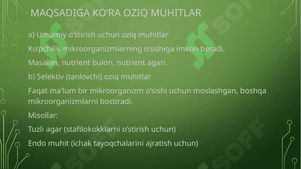 Oziq  muhitlar : anaerob va aerob bakteriyalarni ajratib olishda qo’llaniladigan oziq muhitlar 6