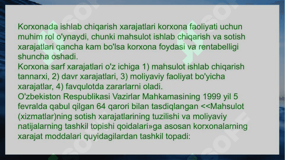 Ishlab chiqarish harajatlari va mahsulot tannarxini hisoblash 3