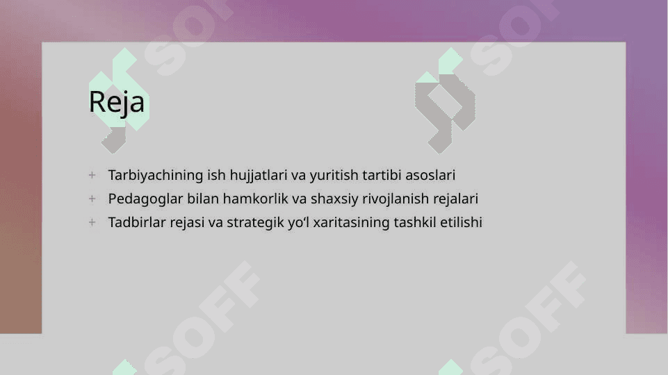 Maktabgacha ta’lim tashkilotining tarbiyachining ish hujjatlari va ularning yuritilish tartibi. Pedagoglar bilan hamkorlik, shaxsiy reja, Tadbirlar rejasi, Yo‘l xaritasi 2
