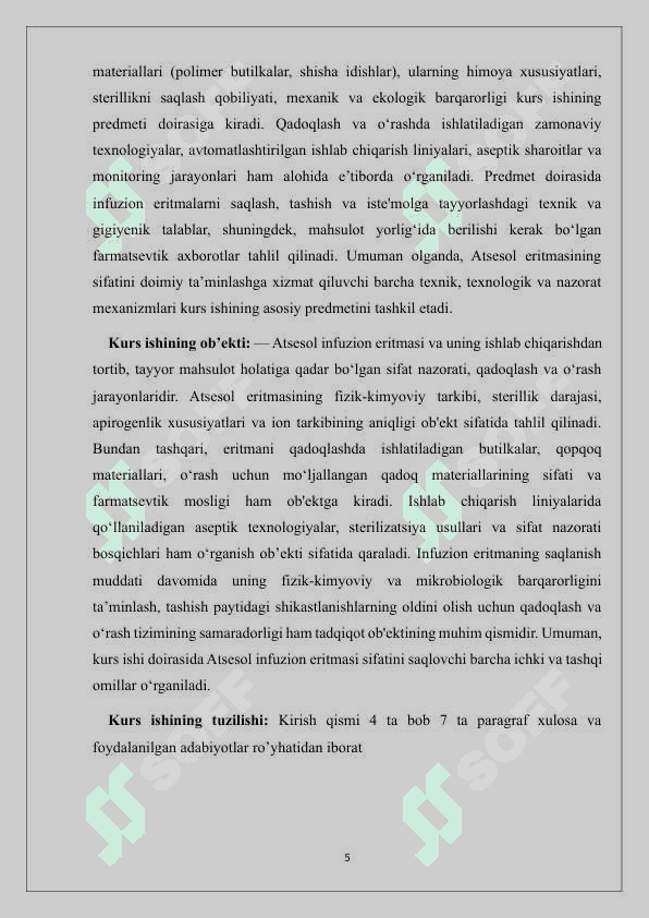 Atsesol infuzion eritmasini sifatini baholash, qadoqlash va o‘rash. 5