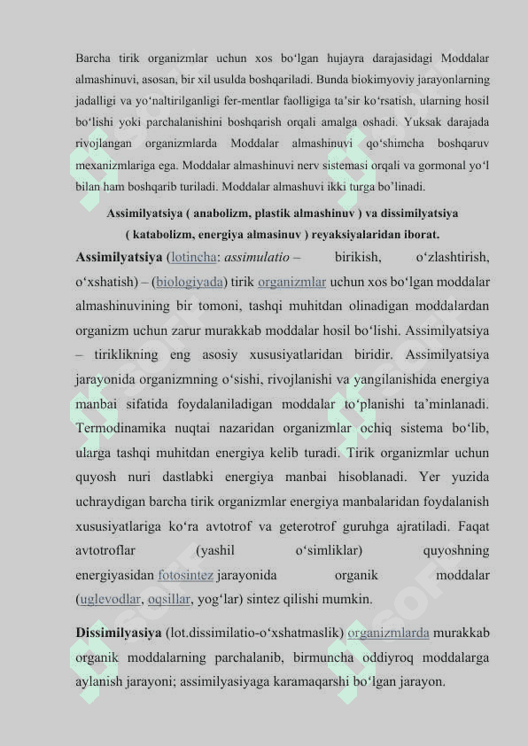 Metabolizm jarayonida energiya hosil bo’lishi 4