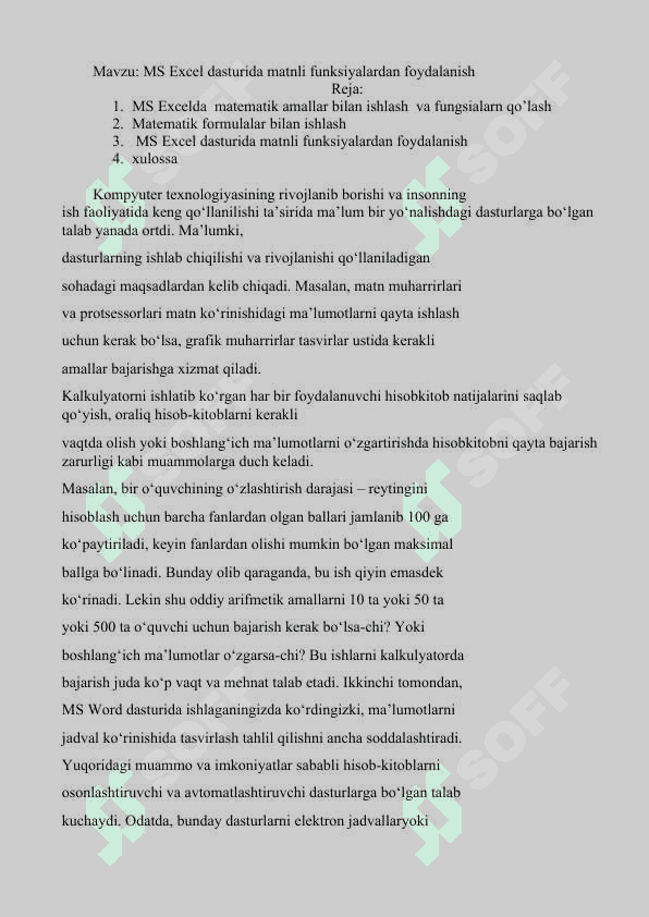 MS Excel dasturi  funksiyalar  kutubxonasi 2