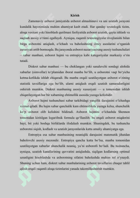 Diskret xabar manbalarini axborot tavsiflari. Axborot hajmi. Entropiya. 3