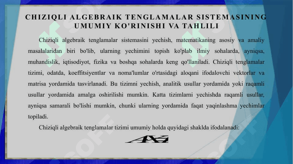 Chiziqli algebraik tenglamalar sistemalarini taqribiy yechish usullari. Yaqinlashish shartlari. 3