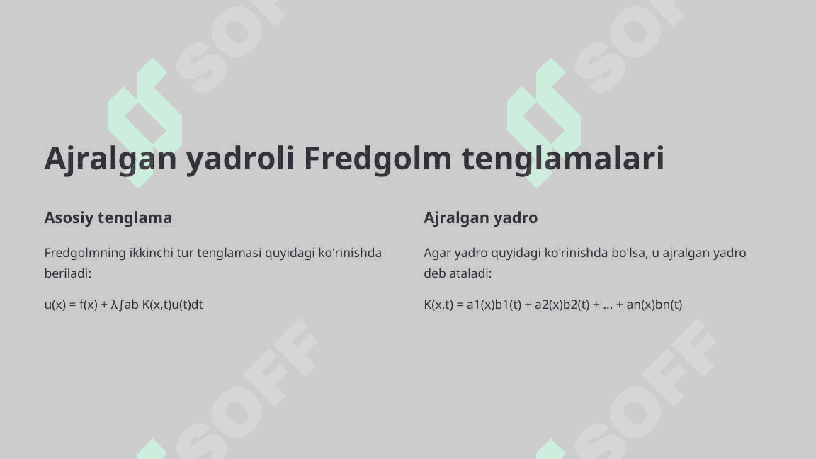 Ajralgan yadroli Fredgolm integral tenglamalarini yechish usullari.Bir argumentli funksiya uchun 2 2