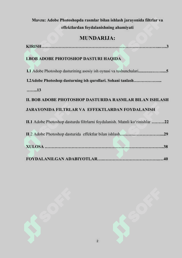 Adobe Photoshopda rasmlar bilan ishlash jarayonida filtrlar va effektlardan foydalanishning ahamiyati 2