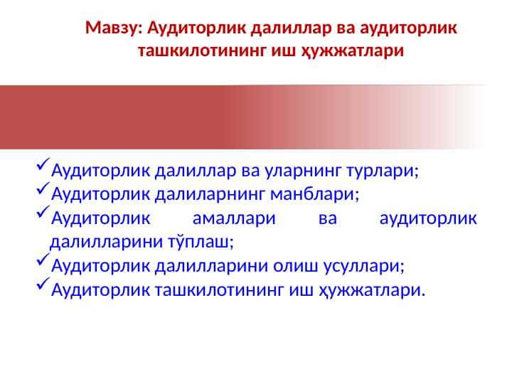 Аудиторлик далиллар ва аудиторлик ташкилотининг иш ҳужжатлари