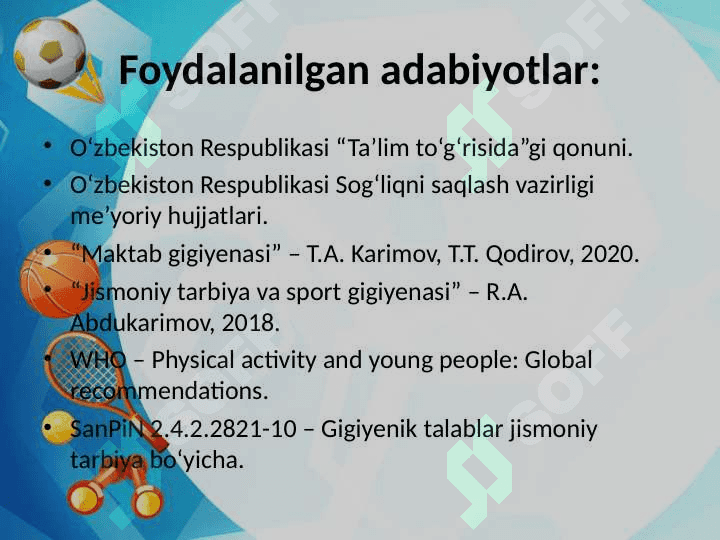 Maktablarda jismoniy tarbiya darsini tashkillashtirishning gigiyenik asoslari 6