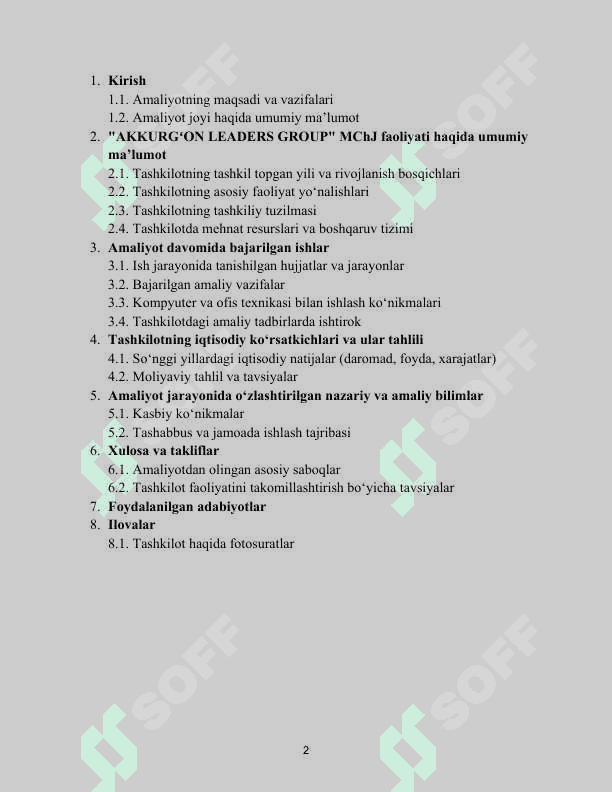 Qurilish va umumiy xizmat ko‘rsatish.	"AKKURGʻON LEADERS GROUP" MChJ. AMALIYOT HISOBOTI 2