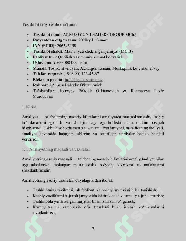Qurilish va umumiy xizmat ko‘rsatish.	"AKKURGʻON LEADERS GROUP" MChJ. AMALIYOT HISOBOTI 3