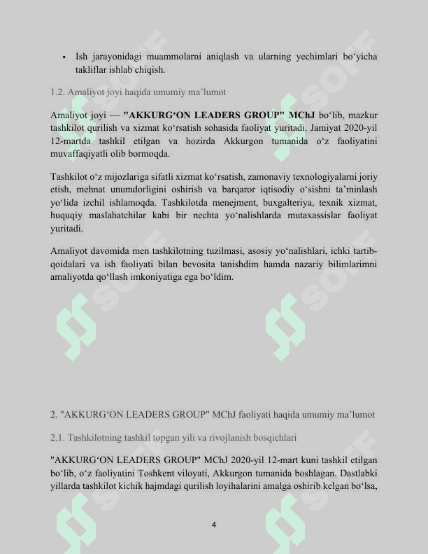 Qurilish va umumiy xizmat ko‘rsatish.	"AKKURGʻON LEADERS GROUP" MChJ. AMALIYOT HISOBOTI 4
