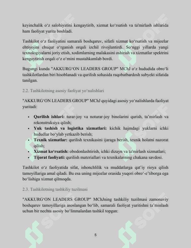 Qurilish va umumiy xizmat ko‘rsatish.	"AKKURGʻON LEADERS GROUP" MChJ. AMALIYOT HISOBOTI 5