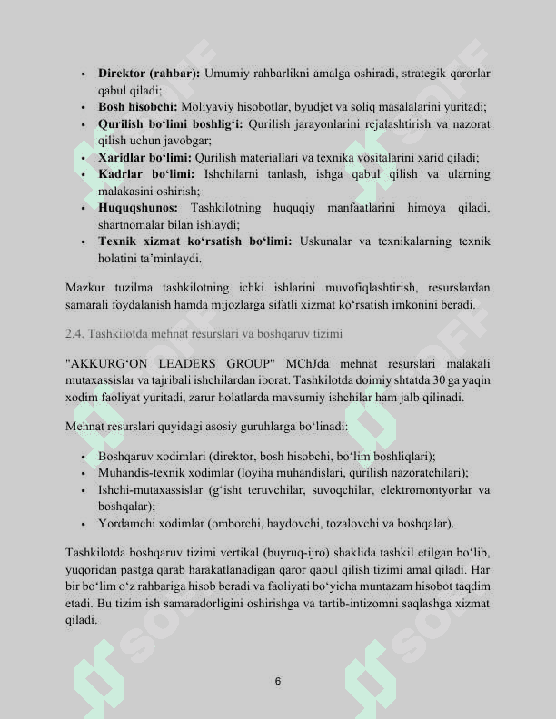 Qurilish va umumiy xizmat ko‘rsatish.	"AKKURGʻON LEADERS GROUP" MChJ. AMALIYOT HISOBOTI 6