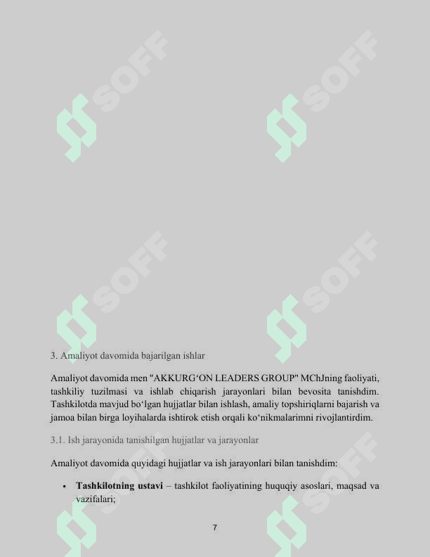Qurilish va umumiy xizmat ko‘rsatish.	"AKKURGʻON LEADERS GROUP" MChJ. AMALIYOT HISOBOTI 7