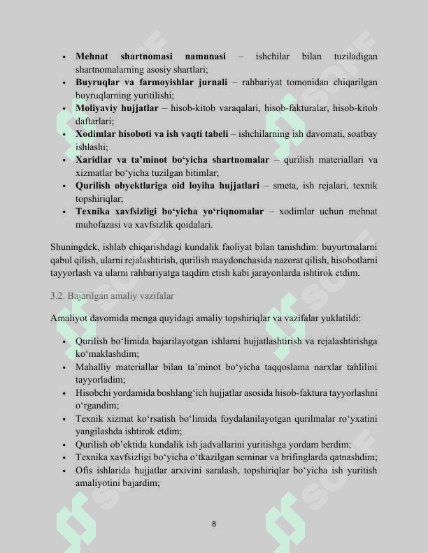 Qurilish va umumiy xizmat ko‘rsatish.	"AKKURGʻON LEADERS GROUP" MChJ. AMALIYOT HISOBOTI 8