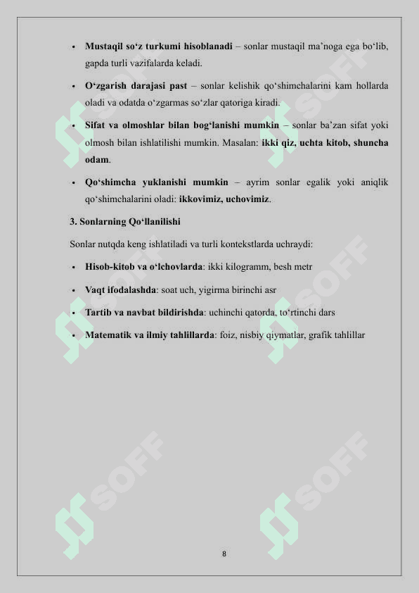 Son so’z turkumi va uni o’qitish usulari 8