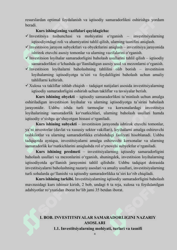 Investitsiyalar samaradorligi va uni baholash | Kurs ishi | To'liq 4