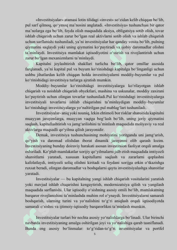 Investitsiyalar samaradorligi va uni baholash | Kurs ishi | To'liq 5