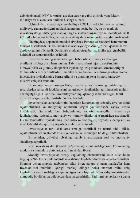 Investitsiyalar samaradorligi va uni baholash | Kurs ishi | To'liq 8